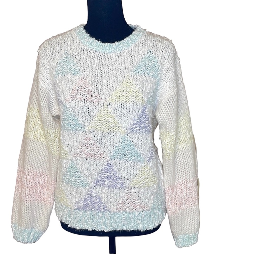 Vintage > Colorblock Pastels Cottagecore Hand Knit Sweater - Picture 3 of 12